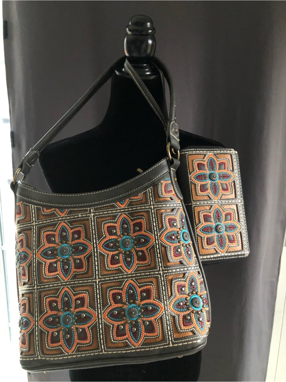 Style Floral Mosaic Shoulder Bag with Coin Pouch - Brown & Turquoise